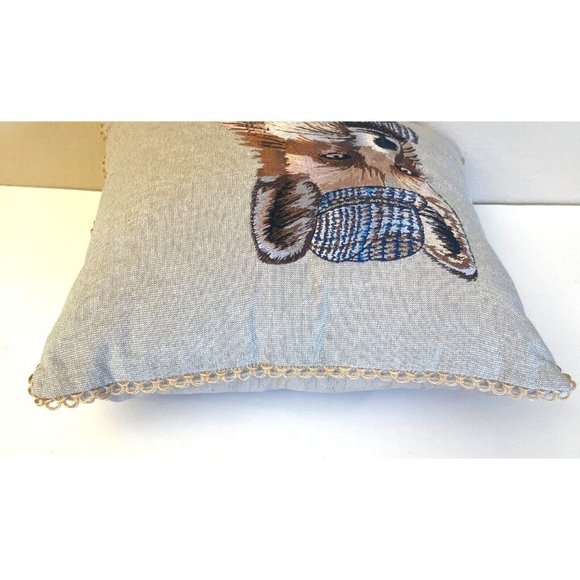 Pier 1 Accent Toss Pillow Embroidered Fox with Hat & Bowtie Neat Retro Art Rare - Picture 9 of 10